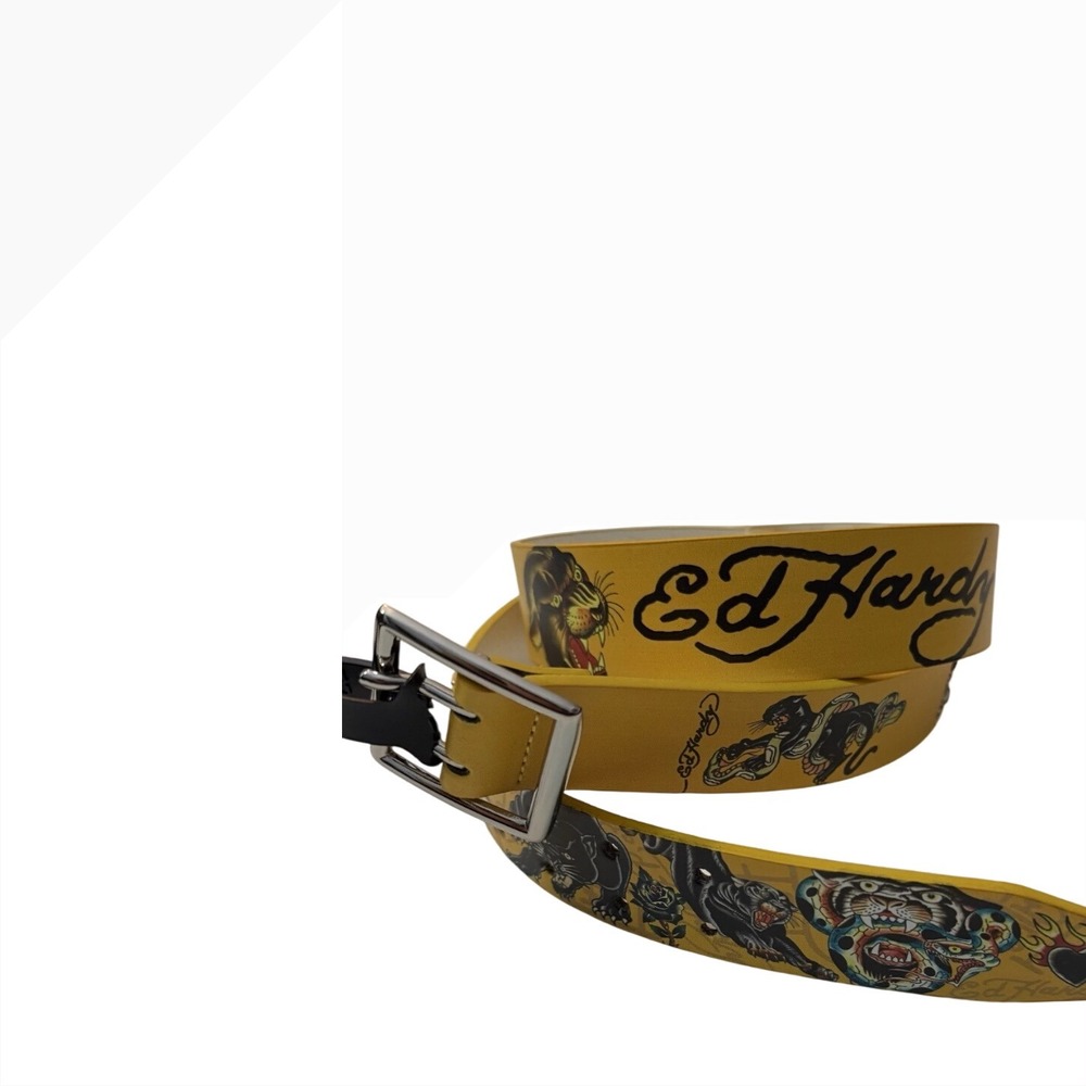 Ed Hardy Mens Yellow Graphic Belt Panther‎ Tattoo Print Studded Buckle Size 34